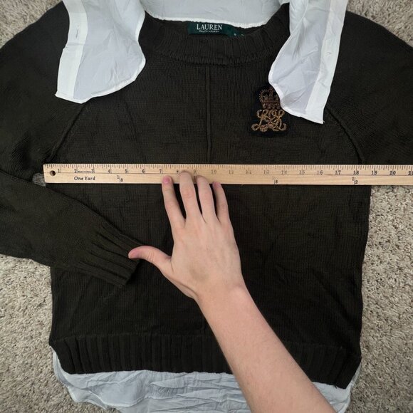 Lauren Ralph Lauren Women’s Sweater Brown Medium Crest Logo White Trim School - Picture 4 of 14